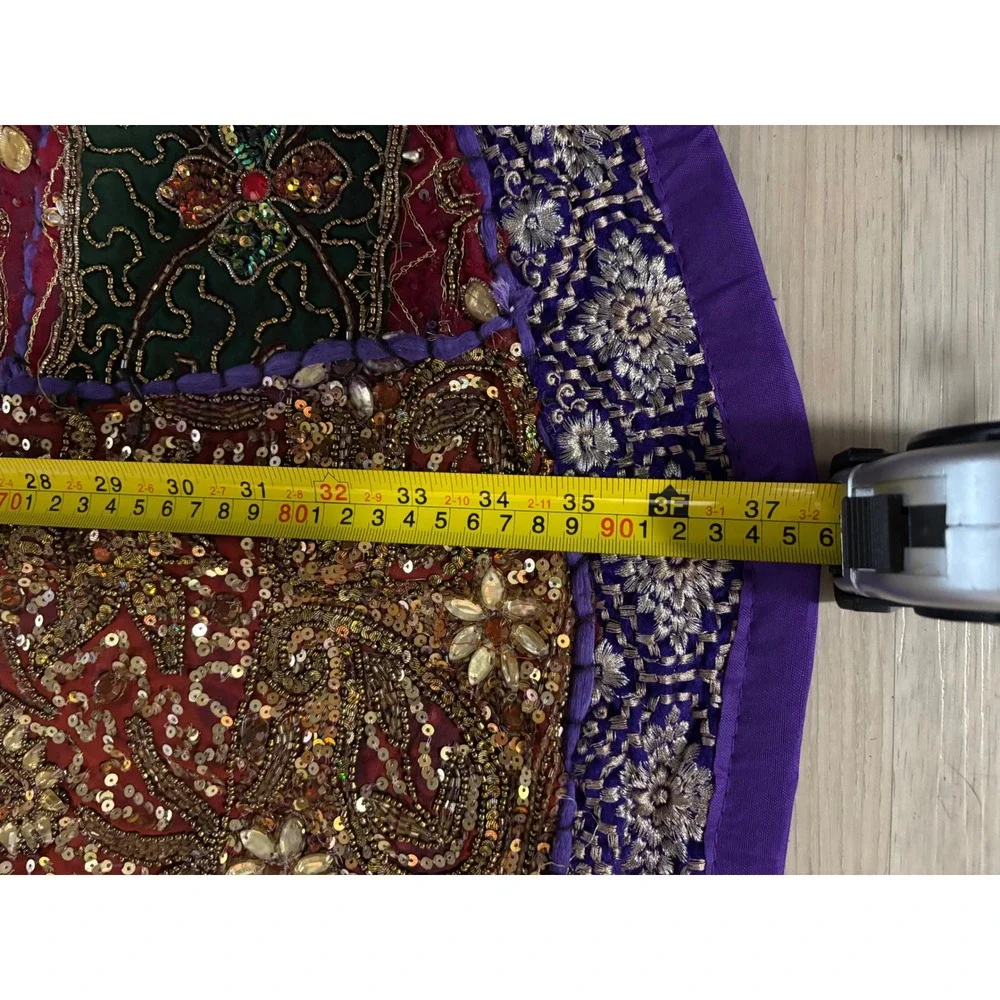 Handmade Indian Patchwork Round Tapestry Gold Zardosi Beaded Boho Purple 22in